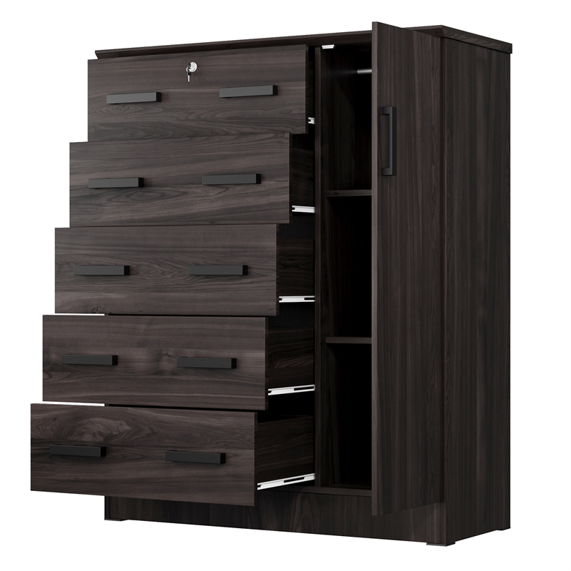 Better Home Products JCF Sofie 5 Drawer Wooden Tall Chest Wardrobe in Tobacco