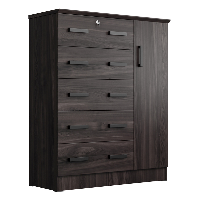 Better Home Products JCF Sofie 5 Drawer Wooden Tall Chest Wardrobe in Tobacco