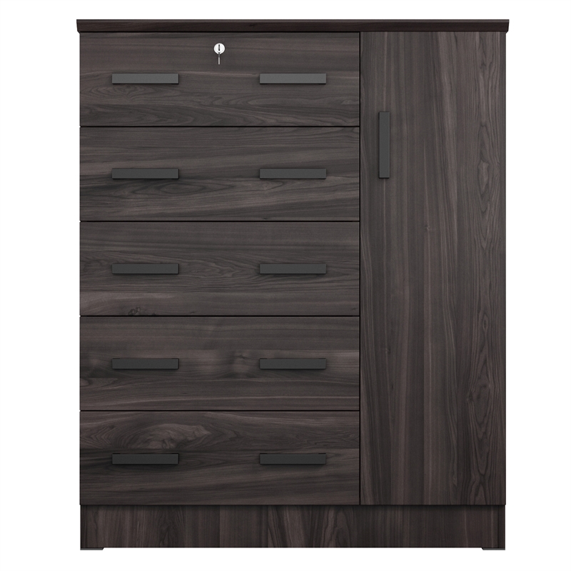 Better Home Products JCF Sofie 5 Drawer Wooden Tall Chest Wardrobe in Tobacco