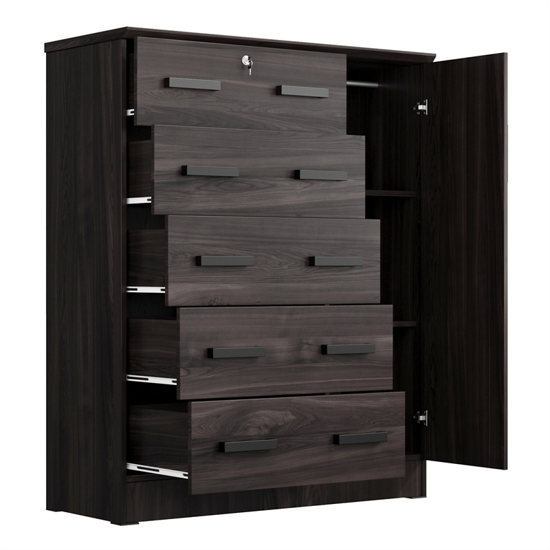 Better Home Products JCF Sofie 5 Drawer Wooden Tall Chest Wardrobe in Tobacco