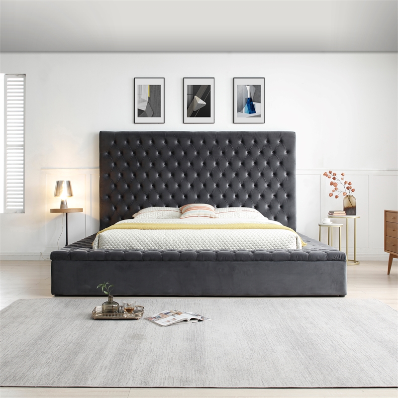 Better Home Products Cosmopolitan Velvet Upholstered Platform Queen Bed in Gray