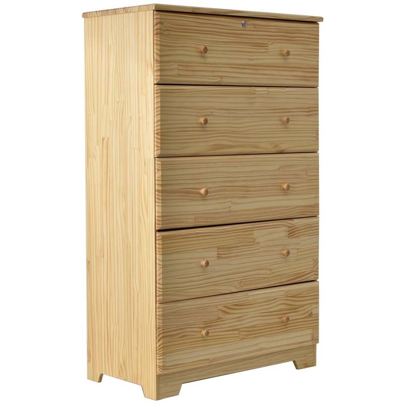 Better Home Products Isabela Solid Pine Wood 5 Drawer Chest Dresser in Natural