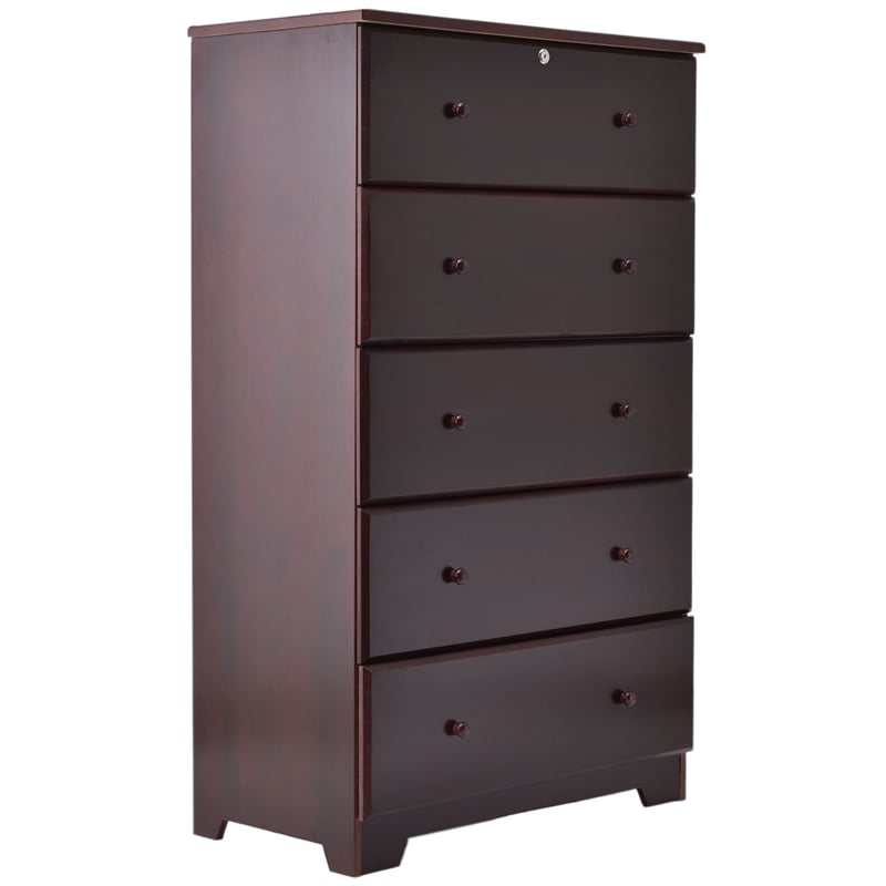 Better Home Products Isabela Solid Pine Wood 5 Drawer Chest Dresser in Mahogany