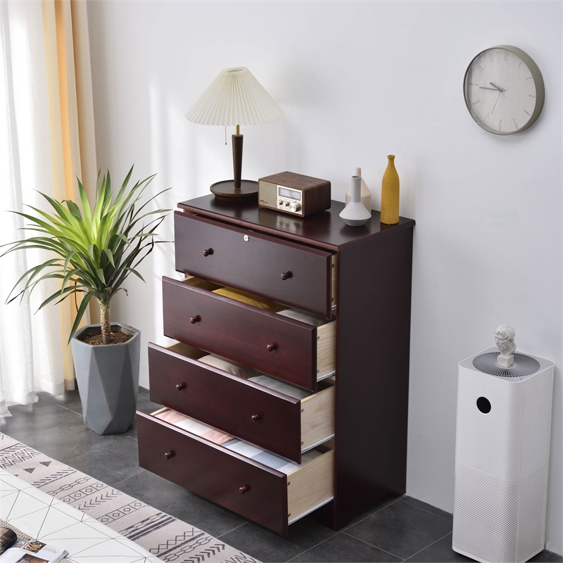 Better Home Products Isabela Solid Pine Wood 4 Drawer Chest Dresser in Mahogany