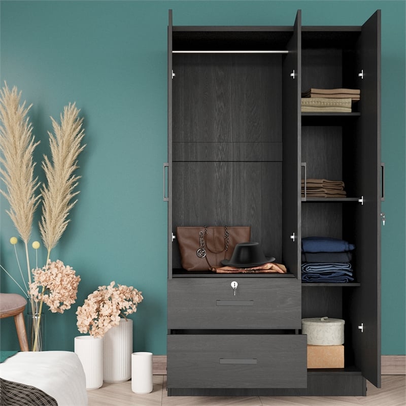Better Home Products Symphony Wardrobe Armoire Closet with Two Drawers in Black
