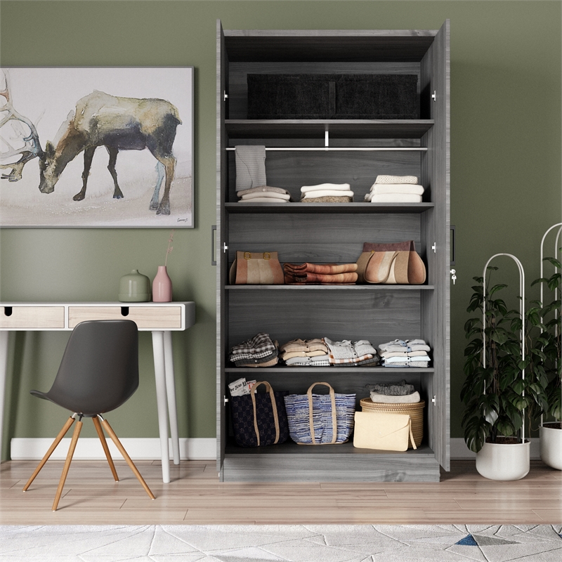 Better Home Products Harmony Wood Two Door Armoire Wardrobe Cabinet in Gray