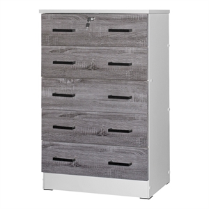 better home products cindy 5 drawer chest wooden dresser with lock in white/gray