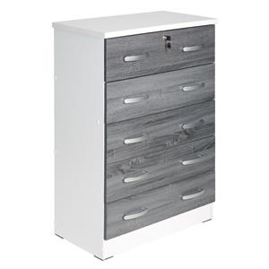 better home products cindy 5 drawer chest wooden dresser with lock in white/gray
