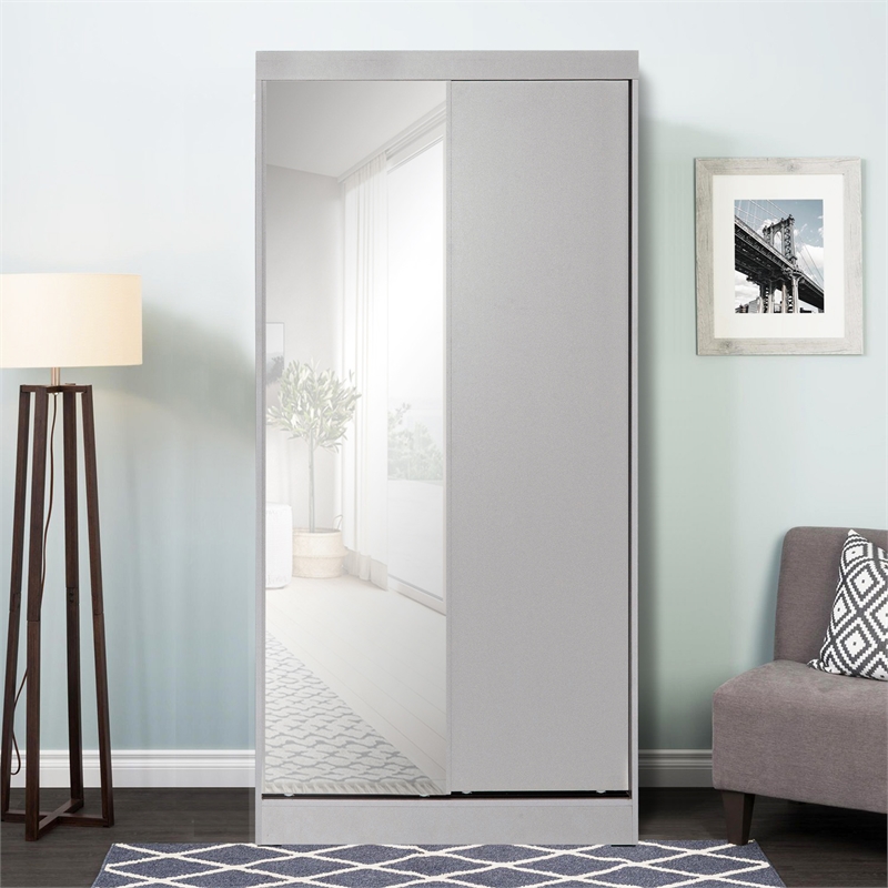 Better Home Products Mirror Wood Double Sliding Door Wardrobe in Light Gray
