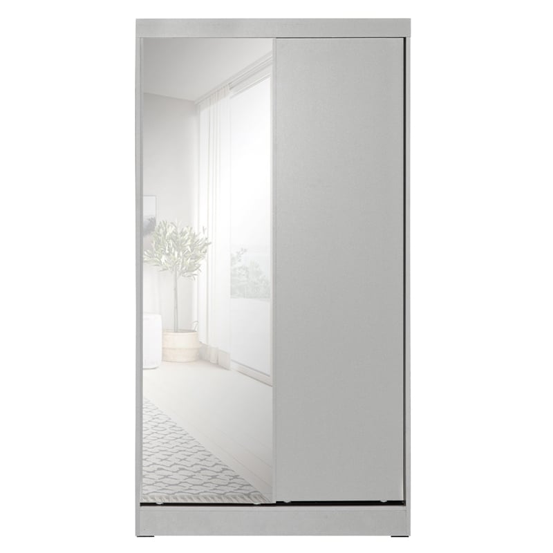 Better Home Products Mirror Wood Double Sliding Door Wardrobe in Light Gray