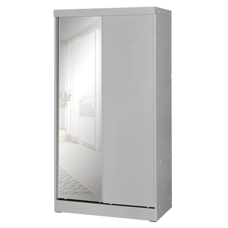 Better Home Products Mirror Wood Double Sliding Door Wardrobe in Light Gray