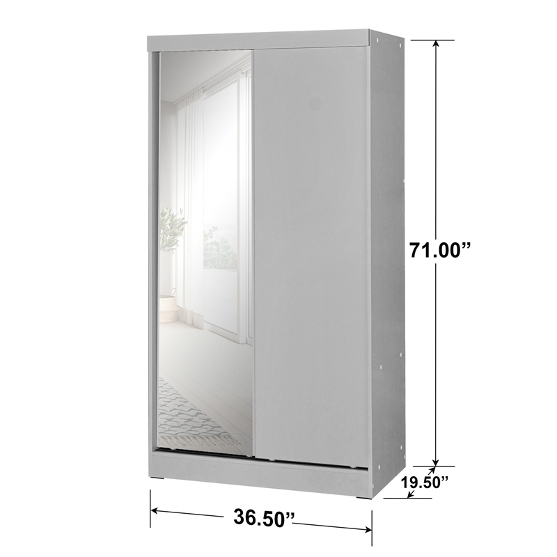 Better Home Products Mirror Wood Double Sliding Door Wardrobe in Light Gray