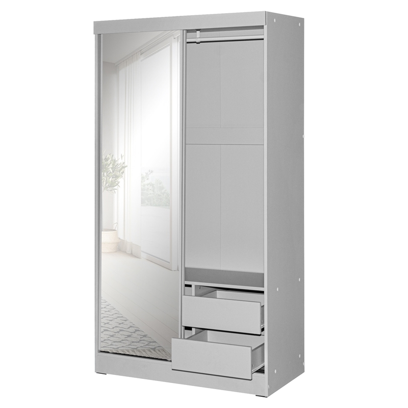 Better Home Products Mirror Wood Double Sliding Door Wardrobe in Light Gray