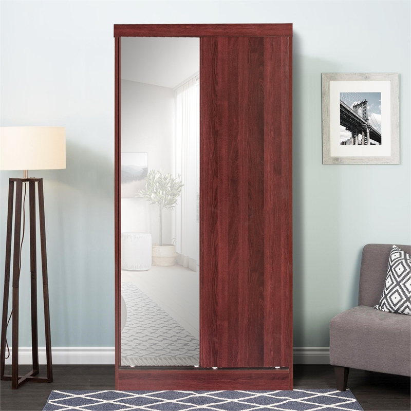 Better Home Products Mirror Wood Double Sliding Door Wardrobe in Mahogany