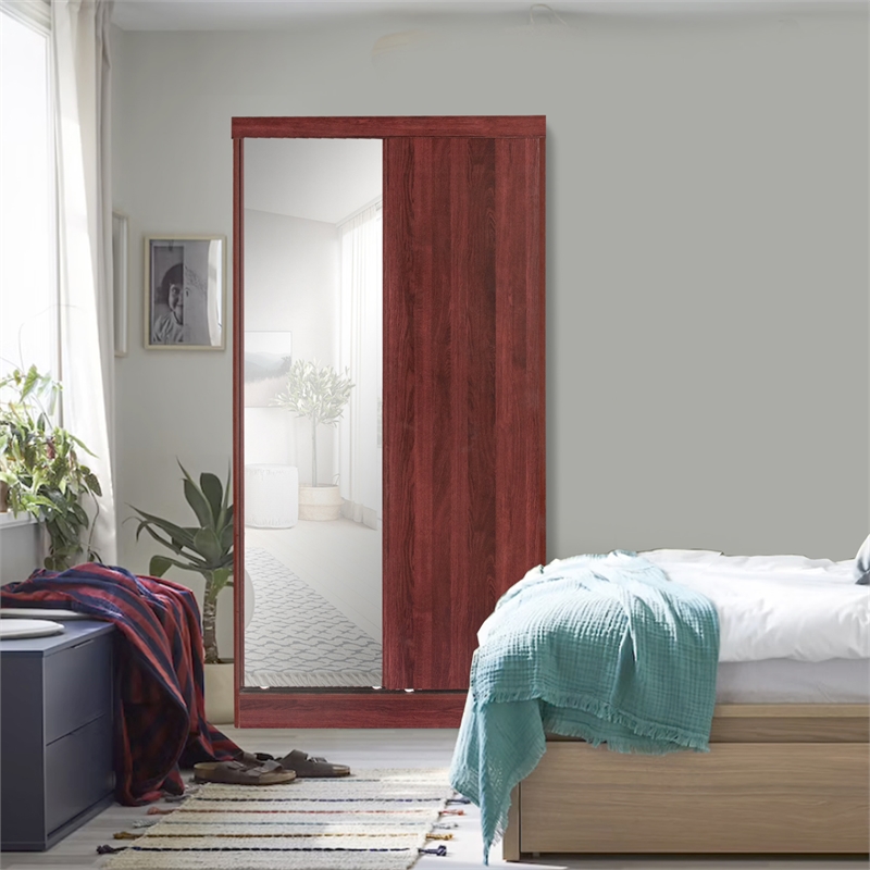 Better Home Products Mirror Wood Double Sliding Door Wardrobe in Mahogany