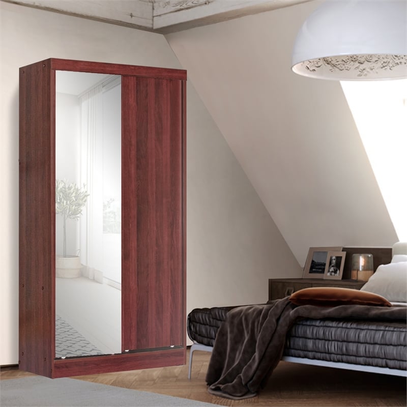 Better Home Products Mirror Wood Double Sliding Door Wardrobe in Mahogany