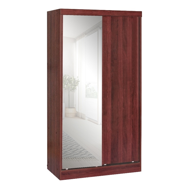 Better Home Products Mirror Wood Double Sliding Door Wardrobe in Mahogany