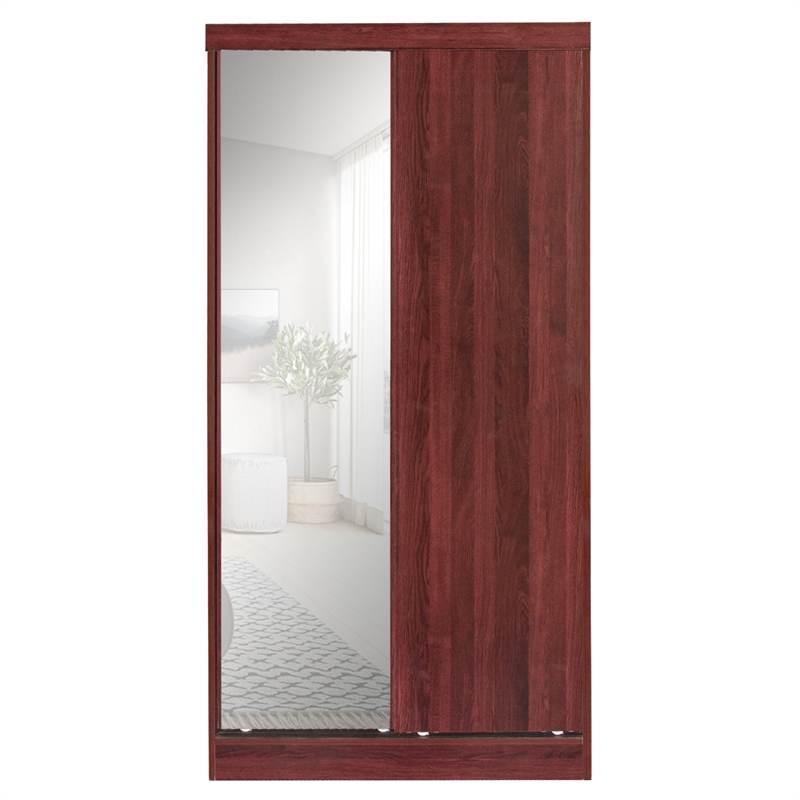 Better Home Products Mirror Wood Double Sliding Door Wardrobe in Mahogany
