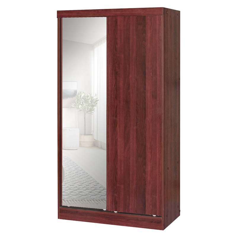 Better Home Products Mirror Wood Double Sliding Door Wardrobe in Mahogany