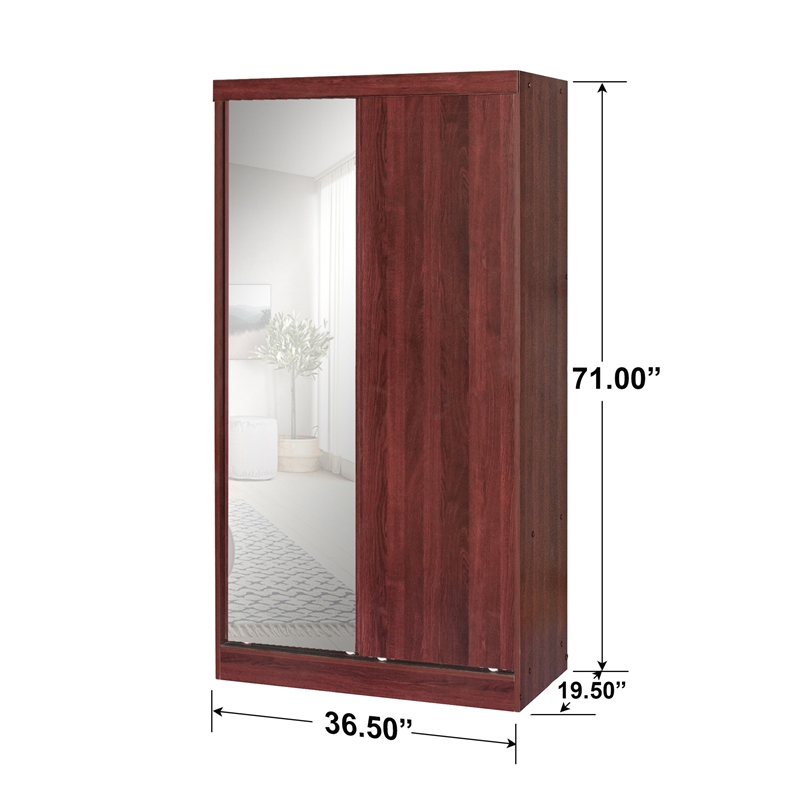 Better Home Products Mirror Wood Double Sliding Door Wardrobe in Mahogany
