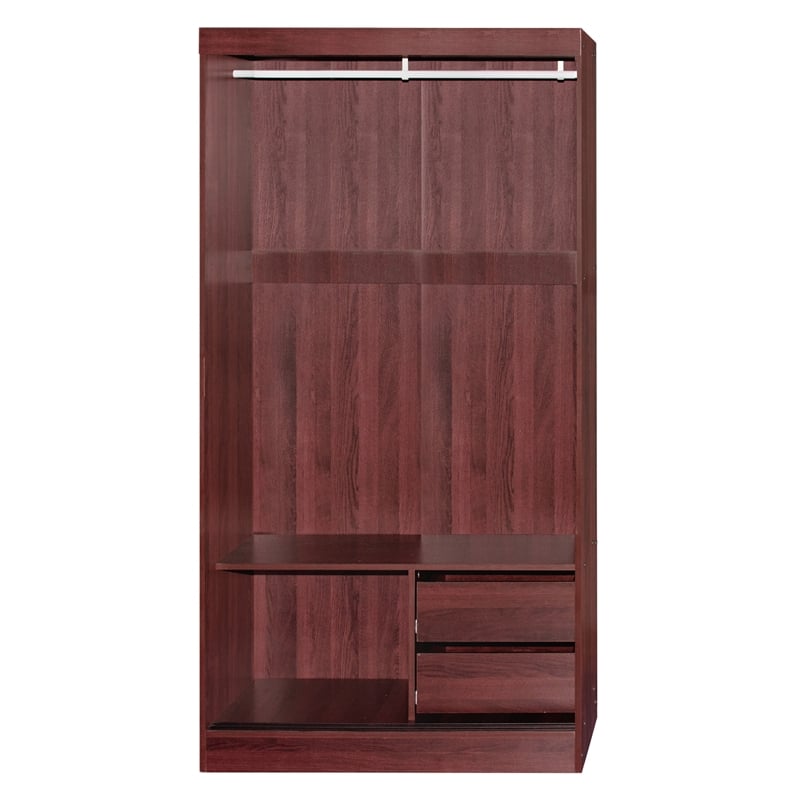 Better Home Products Mirror Wood Double Sliding Door Wardrobe in Mahogany