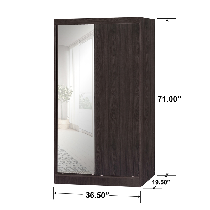 Better Home Products Mirror Wood Double Sliding Door Wardrobe in Tobacco