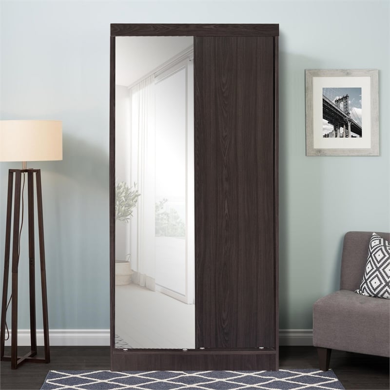 Better Home Products Mirror Wood Double Sliding Door Wardrobe in Tobacco