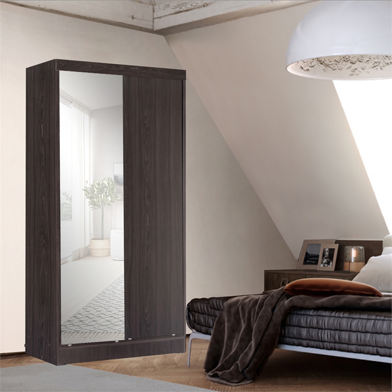 Better Home Products Mirror Wood Double Sliding Door Wardrobe in Tobacco