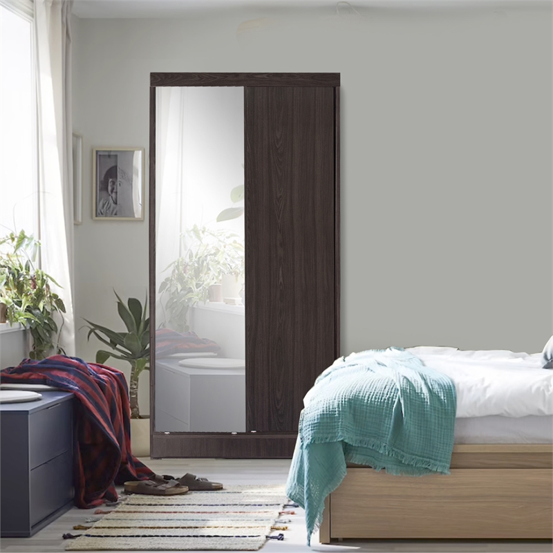 Better Home Products Mirror Wood Double Sliding Door Wardrobe in Tobacco