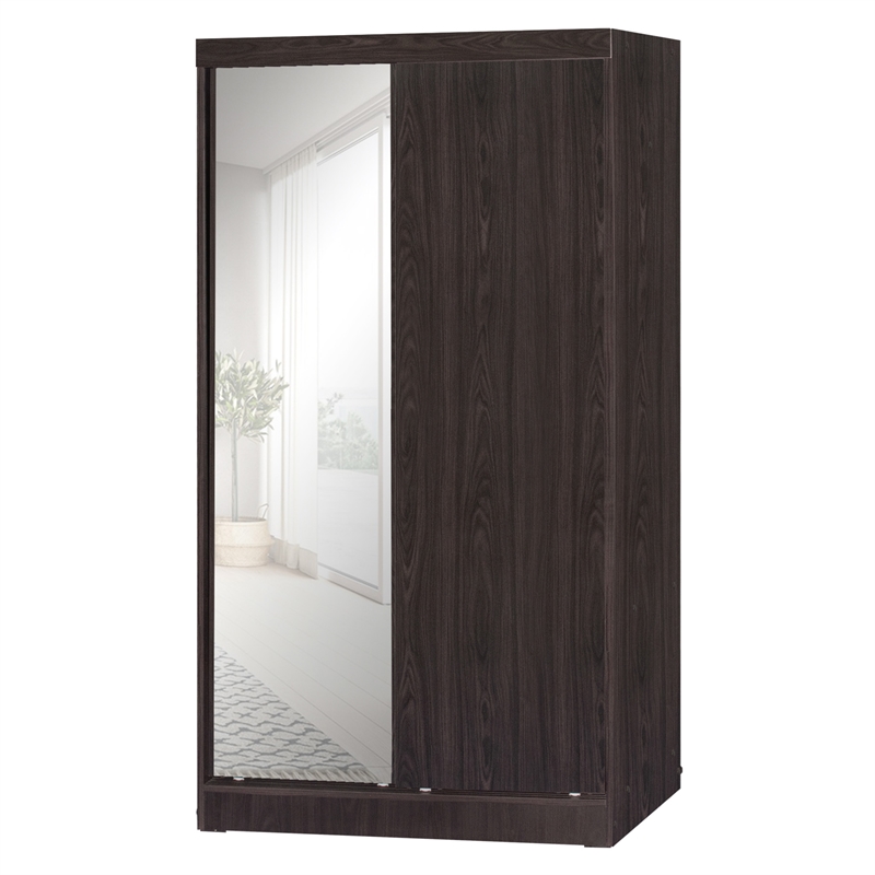 Better Home Products Mirror Wood Double Sliding Door Wardrobe in Tobacco