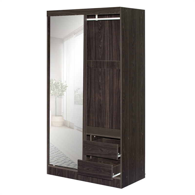 Better Home Products Mirror Wood Double Sliding Door Wardrobe in Tobacco