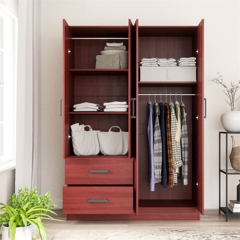 Better Home Products Luna Modern Wood 4 Doors 2 Drawers Armoire in Mahogany