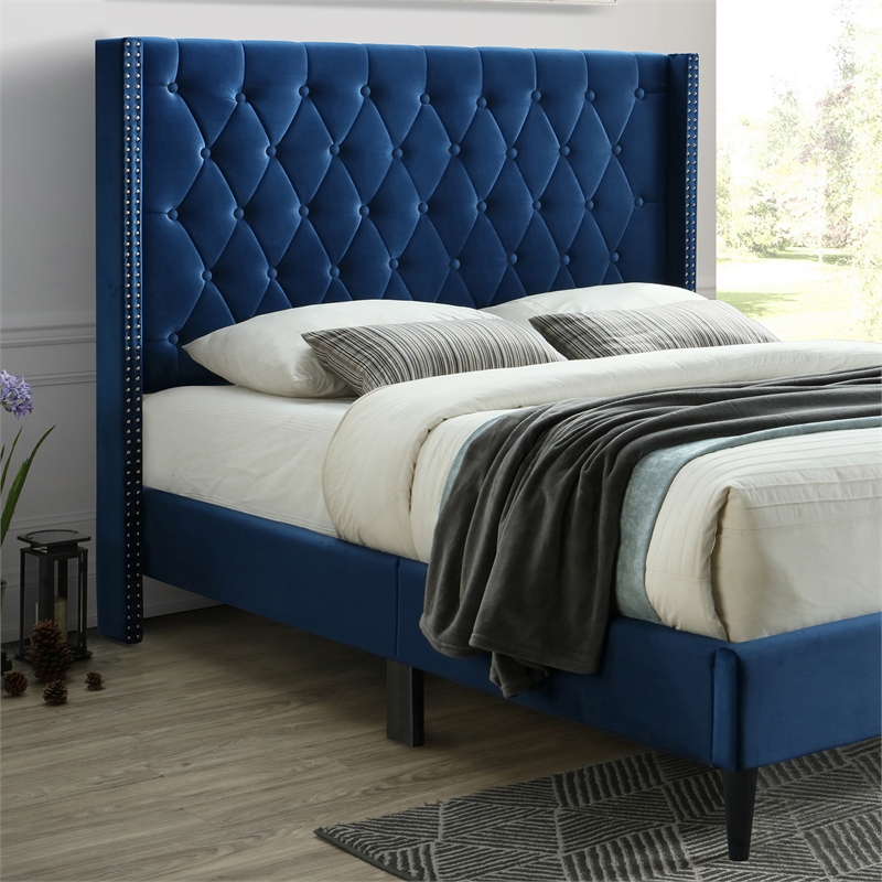 Better Home Products Amelia Velvet Tufted Queen Platform Bed in Blue