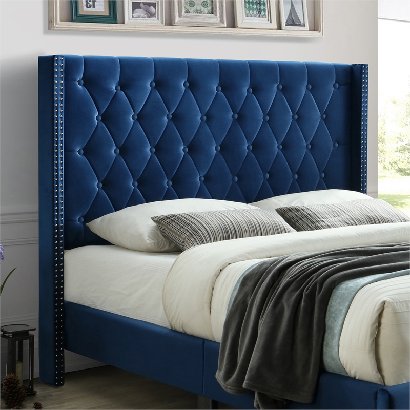 Better Home Products Amelia Velvet Tufted Queen Platform Bed in Blue