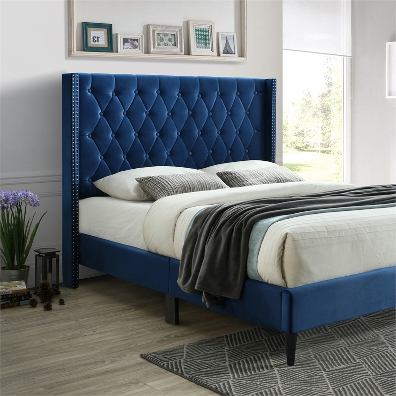 Better Home Products Amelia Velvet Tufted Queen Platform Bed in Blue