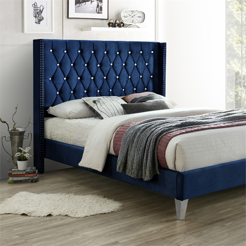 Better Home Products Alexa Velvet Upholstered Queen Platform Bed in Blue