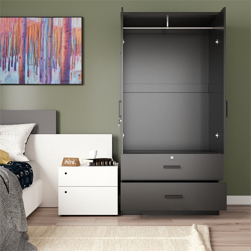 Better Home Products Grace Wood 2-Door Wardrobe Armoire with 2-Drawers in Black