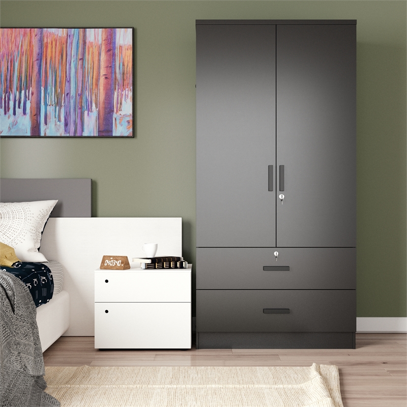 Better Home Products Grace Wood 2-Door Wardrobe Armoire with 2-Drawers in Black