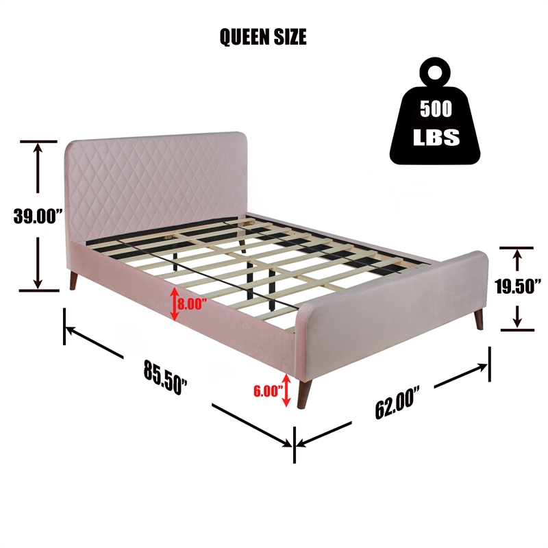 Better Home Products Roza Velvet Upholstered Queen Bed with Headboard Light Pink