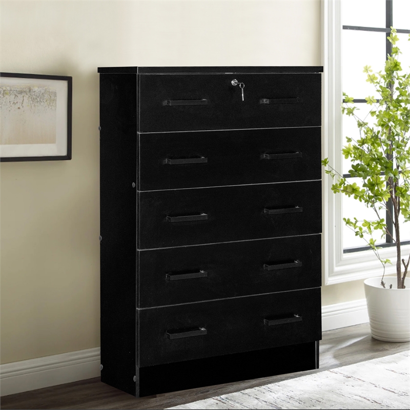 Better Home Products Cindy 5 Drawer Chest Wooden Dresser with Lock in Black