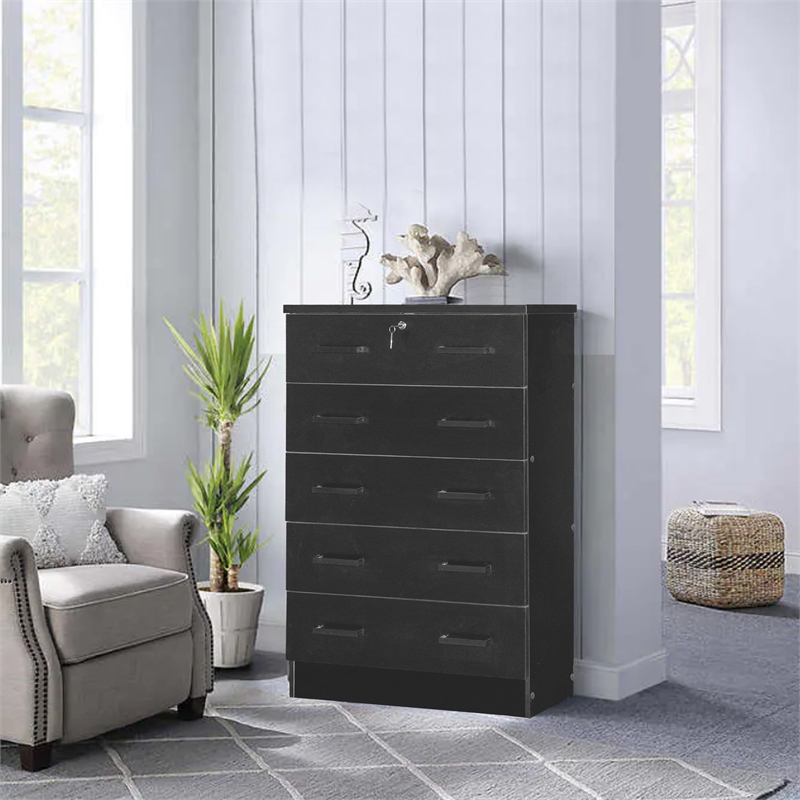 Better Home Products Cindy 5 Drawer Chest Wooden Dresser with Lock in Black