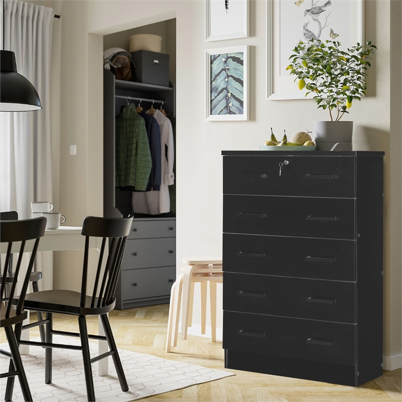 Better Home Products Cindy 5 Drawer Chest Wooden Dresser with Lock in Black