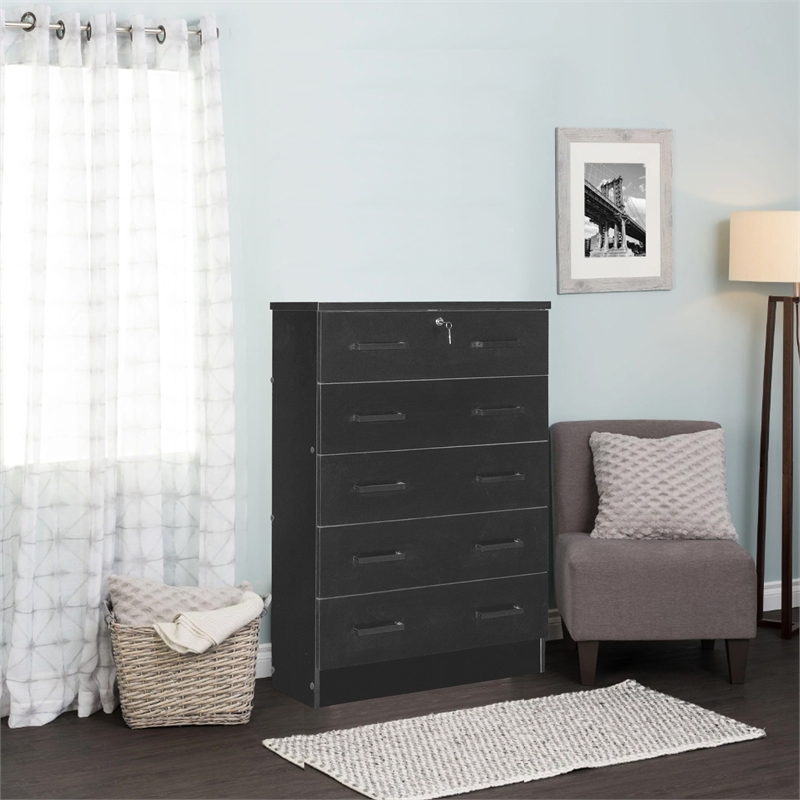 Better Home Products Cindy 5 Drawer Chest Wooden Dresser with Lock in Black