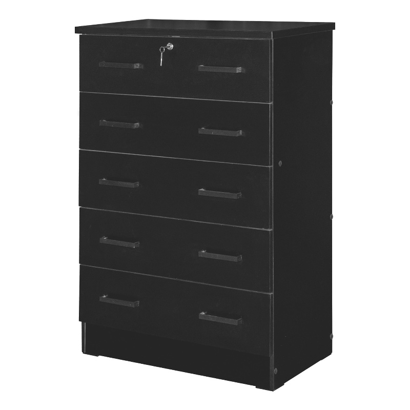 Better Home Products Cindy 5 Drawer Chest Wooden Dresser with Lock in Black