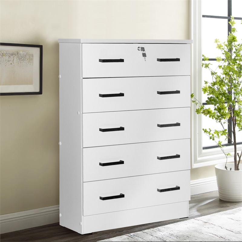 Better Home Products Cindy 5 Drawer Chest Wooden Dresser with Lock in White