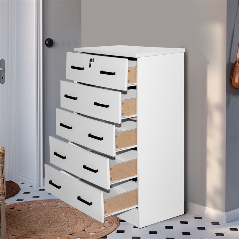 Better Home Products Cindy 5 Drawer Chest Wooden Dresser with Lock in White