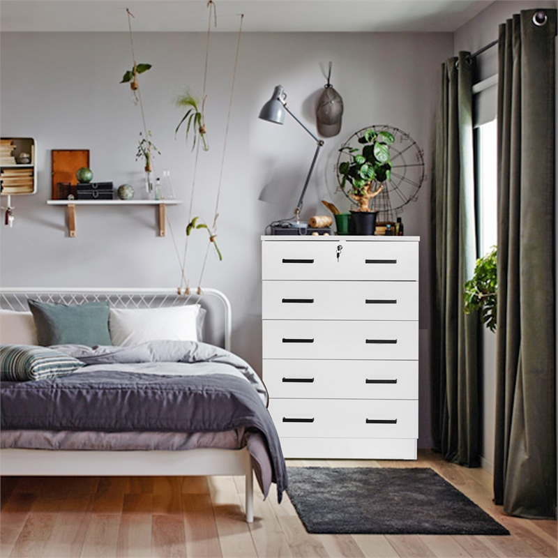 Better Home Products Cindy 5 Drawer Chest Wooden Dresser with Lock in White
