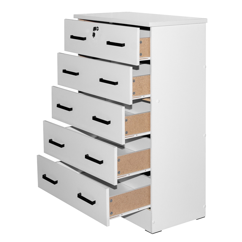 Better Home Products Cindy 5 Drawer Chest Wooden Dresser with Lock in White