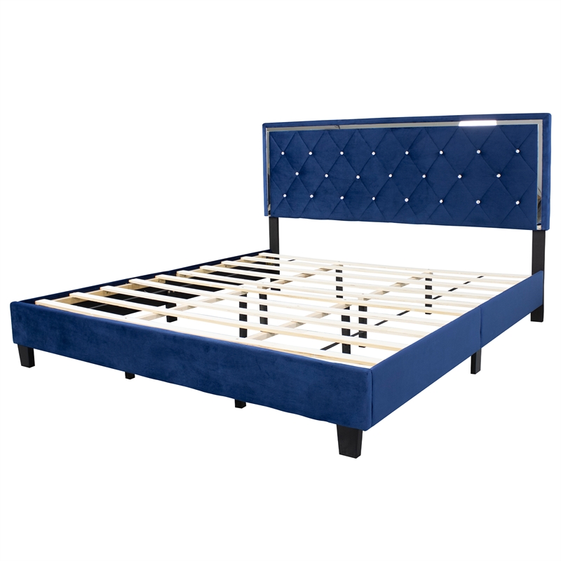Better Home Products Monica Velvet Upholstered King Platform Bed in Blue