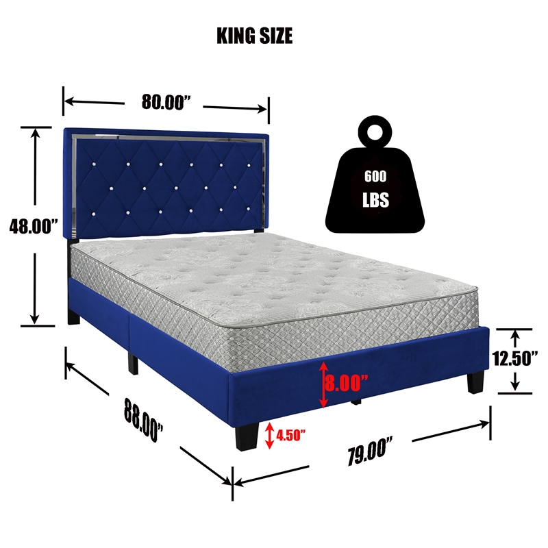 Better Home Products Monica Velvet Upholstered King Platform Bed in Blue